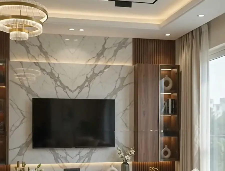 3D view of a living room with a marble TV feature wall and wood-slat cabinetry