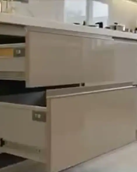 Kitchen drawers, open, showing fittings