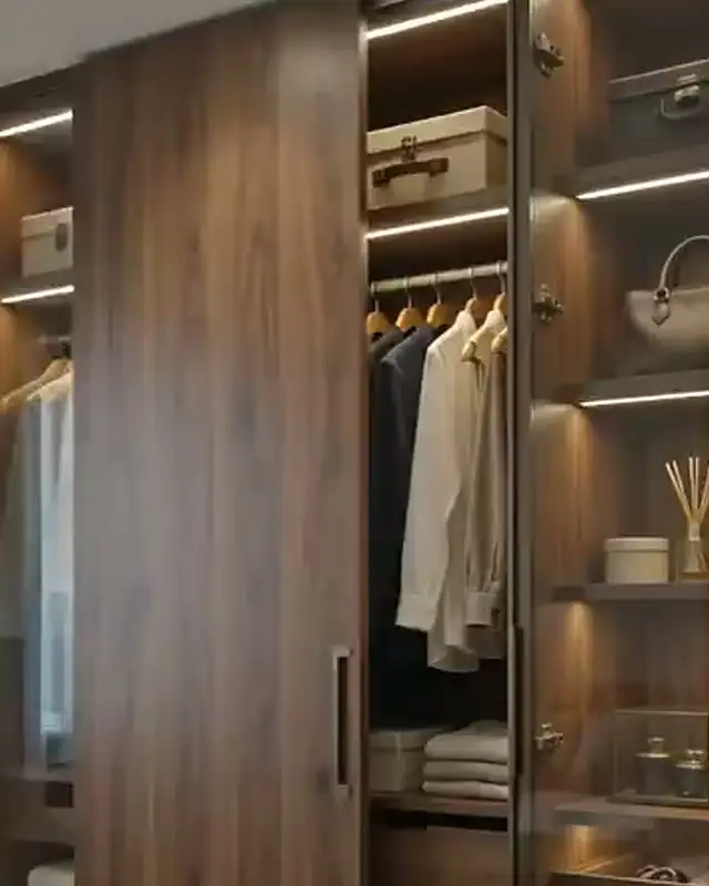 Finished wardrobe interior with shelving, clothes and shoes
